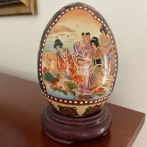 Vintage Japanese Satsuma Moriage style Handpainted Large Egg w/ stand